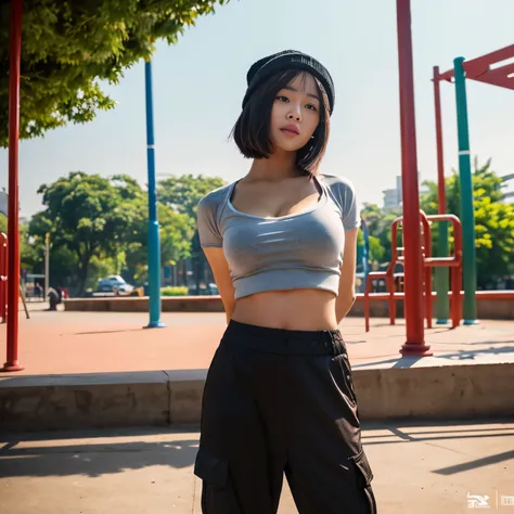 Professional, Angle camera shoots from the top of the screen, realistic, High level of detail, Full body photo of 18 years old woman, korean, random shortTight cargo pants, (random branded adidas crop top t-shirt:1.3_MUST), (random beanie:1.3(MUST)), (glos...