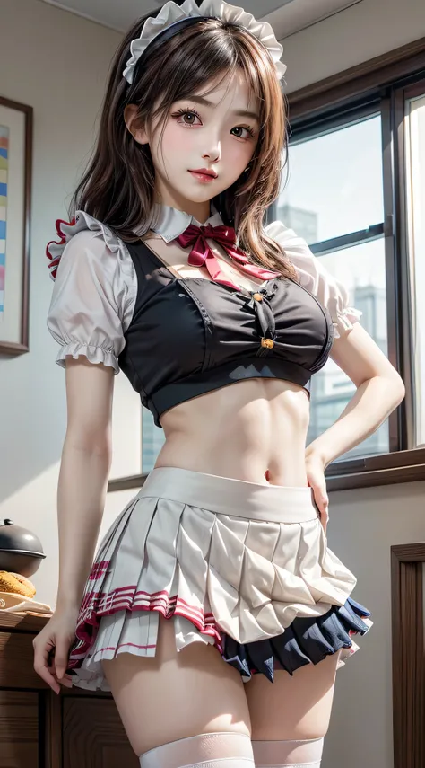 (1young girlrown hair, Amazing face and eyes, Pink eyes, seducting smile, (Maid café costume with frills, Pleated mini-skirt:1.5), (Wide open maid cafe costume:1.2), bared  chest, (amazingly beautiful girl), Brown hair, Stylish hair ornamen Quality:1.4), (...