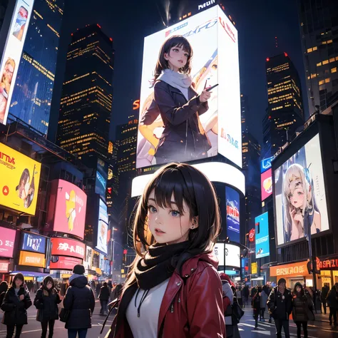 (((a woman is in front of the giant digital billboard at Times Square on Christmas day, all of giant digital billboard is broadcasting the same video about her appearance live, steam vending from the road))), ((winter clothes with Christmas colors)), looki...