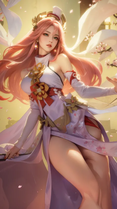 (Masterpiece, Excellent, 1girl, solo, complex details, color difference), realism, ((medium breath)), off-the-shoulders, big breasts, sexy, Yae Miko, long pink hair, red headdress, red highlight, hair above one eye, green eyes, earrings, sharp eyes, perfec...