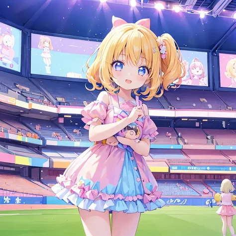 masutepiece, (2 girls and 2 girls and 2 girls and 2 girls in the stadium), Idol, Big eyes, kawaiitech, kawaii, kawaii系, Pastel colors, Best Quality, Happy, Deep background, Symmetrical, Summer