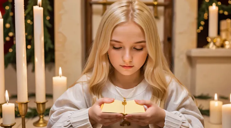 blonde girl put her hands together in prayer: Expresses the importance of spirituality during Christmas.