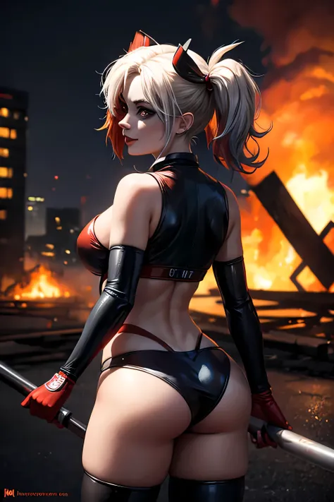 Harley Quinn Shaking butt, burning city behind her