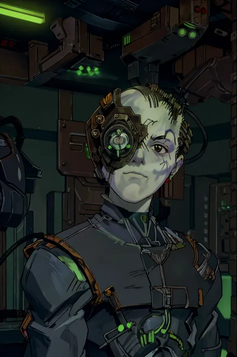 evangelion anime style  borg cyborg bald gray skin veins metal armor cable eyepatch in a room with green lights and alcoves beaming lights deadpan expression