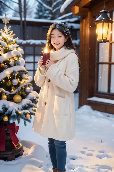 A girl stands in front of a beautifully decorated Christmas tree. The tree is adorned with colorful ornaments and twinkling lights. The girl is wearing a cozy sweater, and she has a bright smile on her face as she looks at the tree with delight. Outside th...