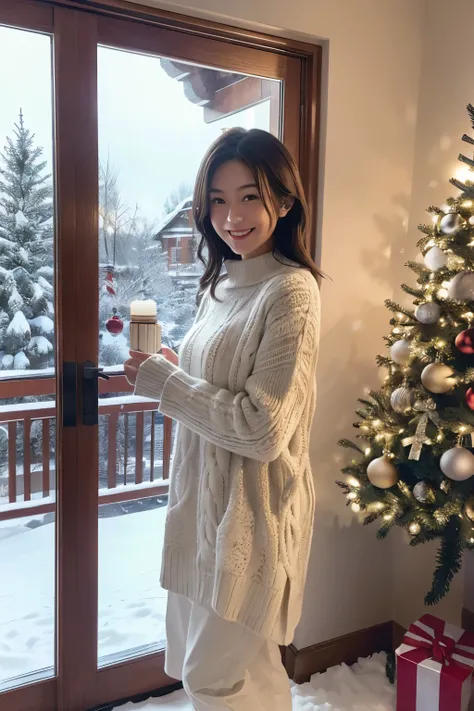 A girl stands in front of a beautifully decorated Christmas tree. The tree is adorned with colorful ornaments and twinkling lights. The girl is wearing a cozy sweater, and she has a bright smile on her face as she looks at the tree with delight. Outside th...