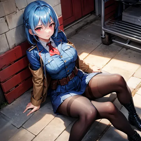 1 girl, ww2 army uniform, blue hair, pantyhose, red eyes,