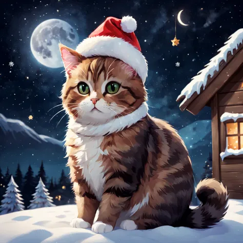 a sticker,a christmas cat, winter night sky background,