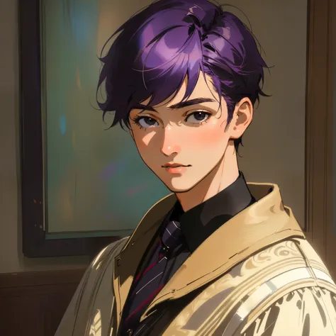 Generate an image of a young British boy with purple hair and black eyes. (Portrait, Semi-Realistic Style, Indoor Setting, Natural Lighting, Medium Quality, Subtle Noise, Cool Colors, Realistic Brushwork, DeviantArt Influence, Vintage Clothing, Macro Lens)