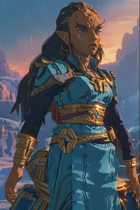 botw style klingon forehead ridge thick eyebrows dark skin leather armor, sash, sci-fi starship background,