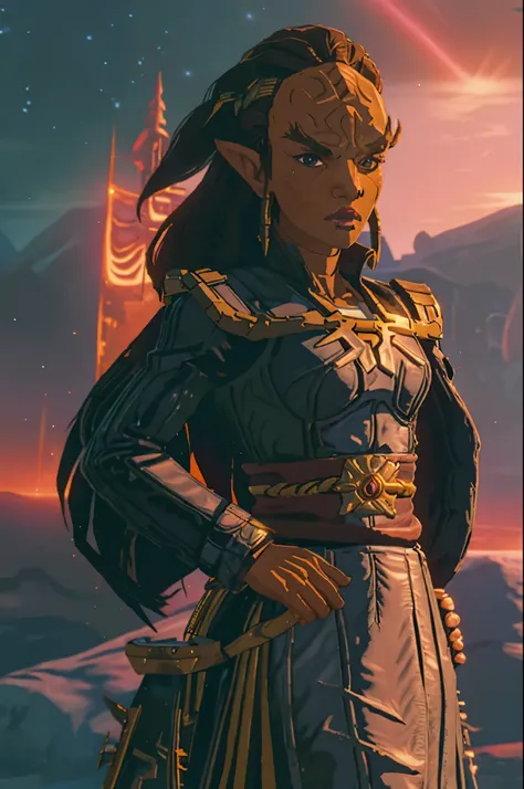 botw style klingon forehead ridge thick eyebrows dark skin leather armor, sash, sci-fi starship background,