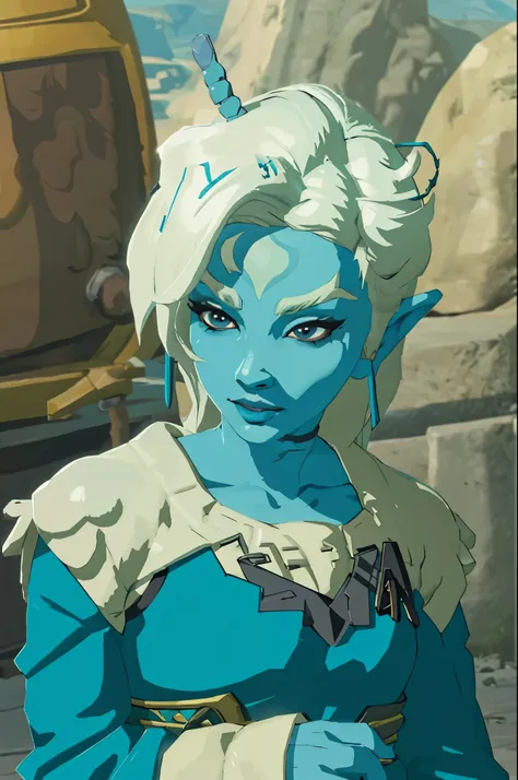 botw style  andorian
blue skin
white hair
antennae
white eyebrows