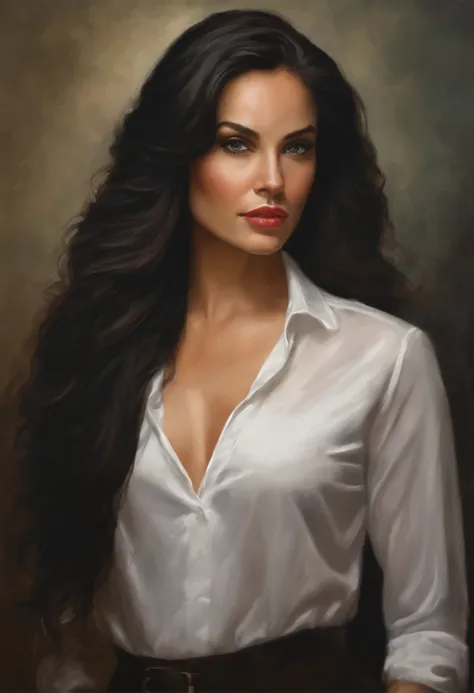 Painting of a woman with long black hair and a white shirt, High Quality Portrait, realistic female portrait, realistic digital painting, detailed beauty portrait, Oil painting of a realistic woman, Detailed beautiful portrait, realistic portrait, detailed...