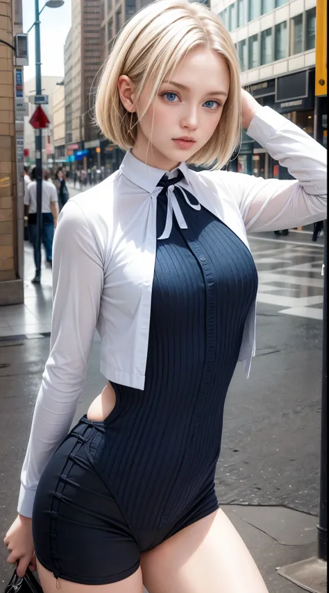 Best quality at best, A high resolution, and18, 1 girl in, Android18, Alone, Blonde hair, eBlue eyes, Short hair details, ear nipple ring, jewely,, open vest, black pantyhoses, did not wear underwear, Striped long sleeves,, medium, cow boy shooting, the st...