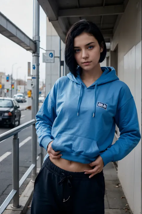 A girl, with short black hair, ignorant look, blue eyes, doesnt smile, having a cigarette in her mouth, wears blue hoodie, and long pants