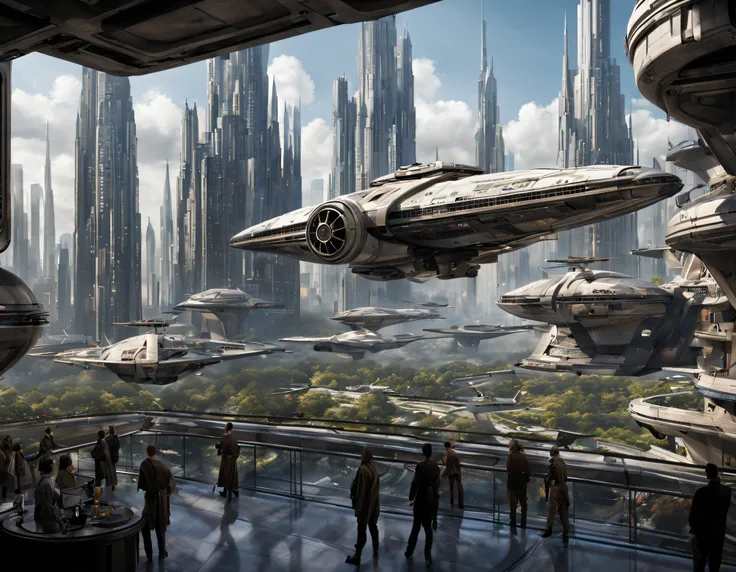 desde una terraza de la ciudad de coruscant de star wars, con sus inmensos edificios futuristas, divisandose el aeropuerto de co...