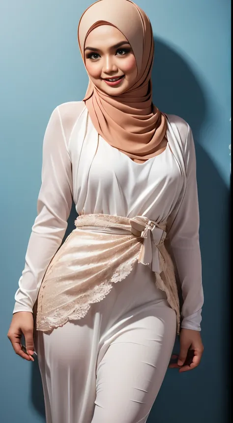 ((HIJAB MALAY GIRL)), matured malay woman in hijab wearing sexy satin lace white color pajamas portrait photography, mid shot photo, ultra detail, professional photograph with professional lighting, smile, light blue studio background, sexy seducing pose, ...