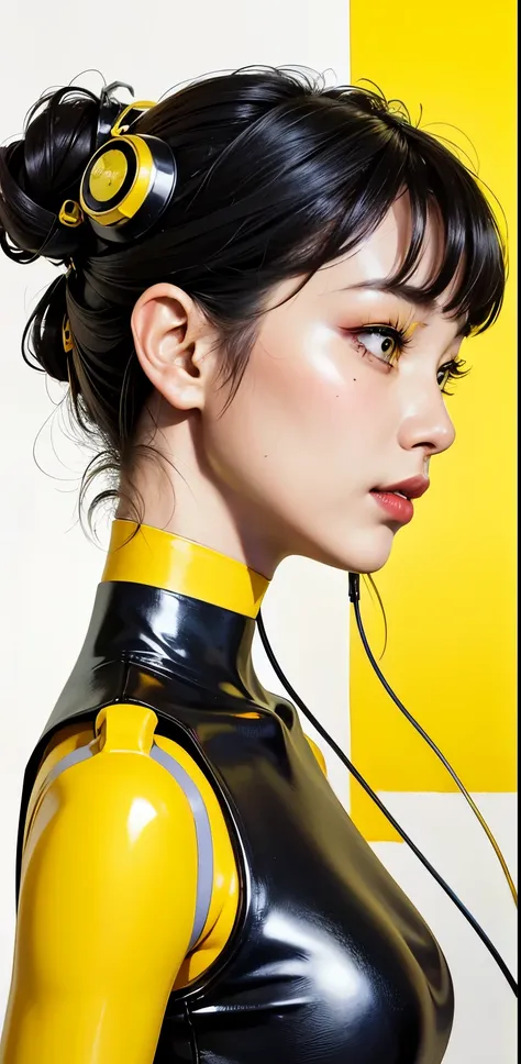 profile photography, in front of a yellow wall, an asian cyborg woman head without body, connected by cables, twisted cables and...