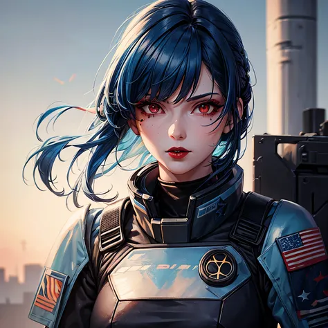 1girl, battletech pilot uniform, blue hair, pantyhose, red eyes, black lipstick, mole near lips