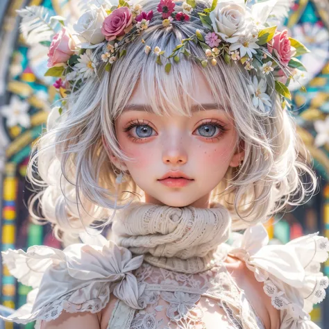 concept art, Tiny junior idol, Delicate lace knitted white clothes, (nipple:-0.9), (face closeup, (Dazzling stained glass Background)), (((Renbutsu Misako), vivid colorful Light shines through delicate stained glass:1.35, Dazzling Halo, Acutance:0.8)), {vi...