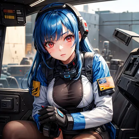 1girl, battletech pilot uniform, blue hair, pantyhose, red eyes