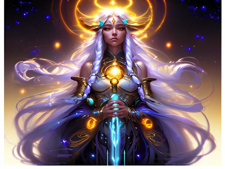 (Galactic Shaman with Quantum Energy Fantasy), (beautiful movie goddess, Gold dresantasy magic, long whitr hair, dark light night, iintricate, Ethereal digital painting, concept-art, Matte, (The Art of WLOP), tmasterpiece