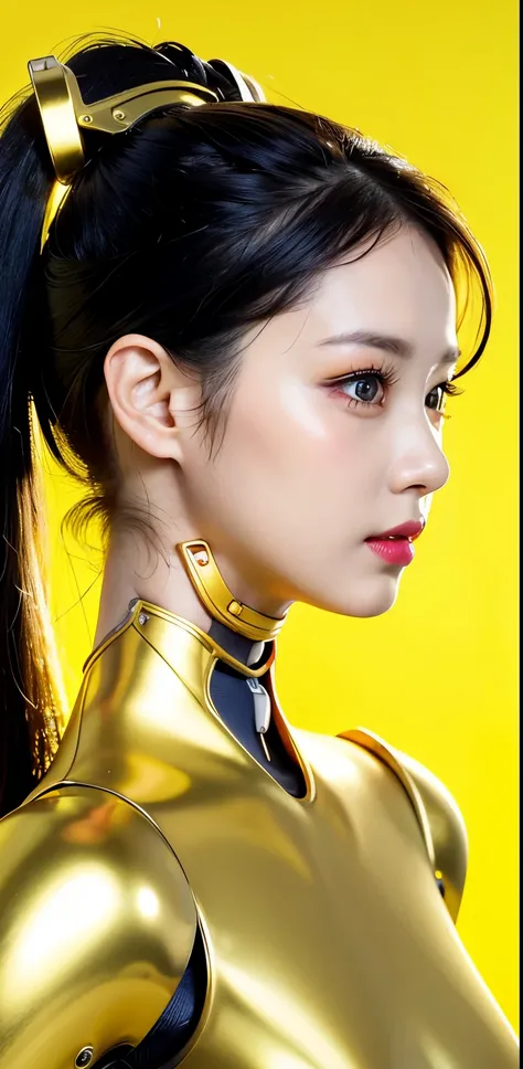 profile photo, in front of the yellow wall, asian cyborg woman without body, connected by cable, twisted cable and wire and led,...