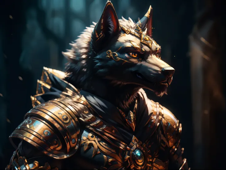 Werewolf in a cloak,anthro wolf face, professional furry drawing, White hair，Black cape，Black and gold，Portrait of a furry character in intricate armor, Armour，egyption，Anubis，Thick coating，Light，shadowing，stereograms，Cagia，Metal animal motif，Large metal b...