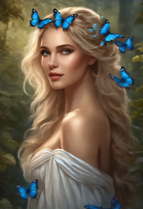 blonde with blue butterflies in her hair and white dress, realistic fantasy illustration, beautiful fantasy art, beautiful fantasy art portrait, magali villeneuve, inspired by Magali Villeneuve, graphic artist magali villeneuve, realistic fantasy artwork, ...