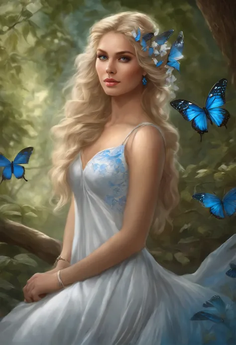 blonde with blue butterflies in her hair and white dress, realistic fantasy illustration, beautiful fantasy art, beautiful fantasy art portrait, magali villeneuve, inspired by Magali Villeneuve, graphic artist magali villeneuve, realistic fantasy artwork, ...