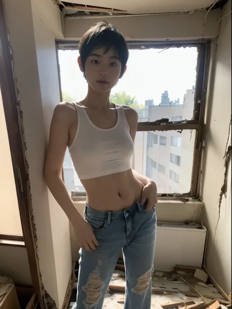 raw photo, 8k, (top-quality), Realistic, (real picture, Intricate details), (natural skin texture, detailed skin, hyper realism, sharpness), (Japanese college girl standing in an abandoned apartment building, hands in pockets), ((white tight tank top, Dist...