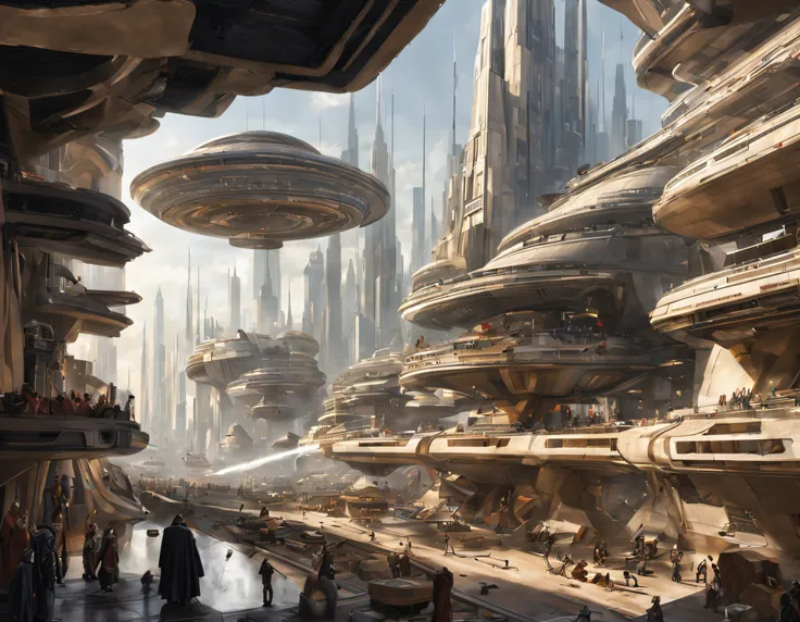 desde una terraza de la ciudad de coruscant de star wars, con sus inmensos edificios futuristas, divisandose el templo jedi de c...