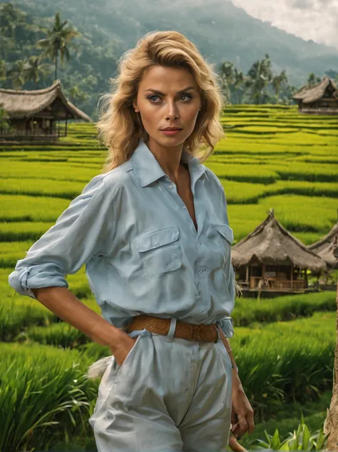 A Beautiful European woman [Sophia Loren:Maude Adams:0.35], (Golden Haired:1.25). Short ponytailed, gentle smile. Wears pastel blue Flannel Shirt and white T-Shirt with text "I ❤ Bali", trousers, Adidas Sneakers.  (At an exotic Bali terraced rice field:1.2...