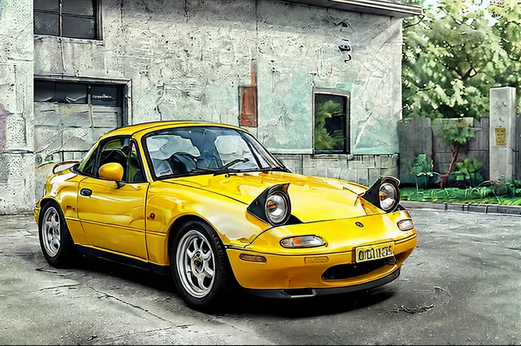 the allafard yellow porsche 964 is parked in front of the garage, highly detailed hyperreal retro, porsche 964, porsche 964,, ul...