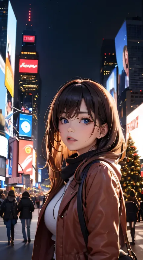 (((a woman is in front of the giant digital billboard at Times Square on Christmas day, all of giant digital billboard is broadcasting the same video about her appearance live, steam vending from the road))), ((winter clothes with Christmas colors)), looki...