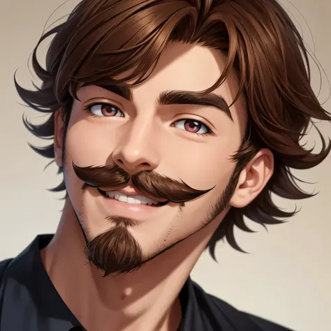 anime male with nice brown hair and soft lovely eyes. he has a mustache and a goatee. he has pink lips and is smiling and enough...