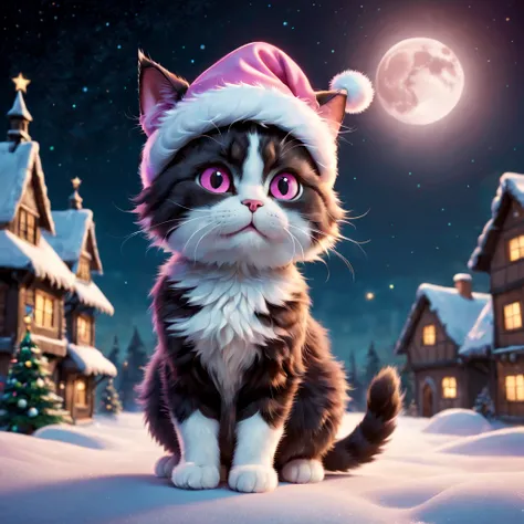 In a winter night sky background, there is a Pixar-style cat wearing a Christmas hat. The cat has bright expressive eyes, a pink nose, and adorable lips. The fur of the cat is fluffy and well-defined. Its face is detailed and full of character. The cat is ...