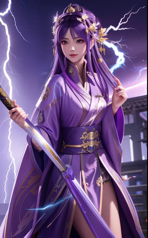 A woman in a purple robe holding a sword and a lightning bolt, 日本のgoddess of lightning, very detailed Artgerm, goddess of lightning, 2. 5 d cgi anime fantasy artwork, she is holding a katana sword, style of artgerm, maya ali as a lightning mage, artgerm la...