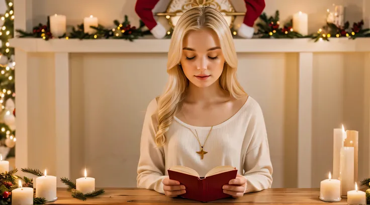 blonde girl put her hands together in prayer: Expresses the importance of spirituality during Christmas.