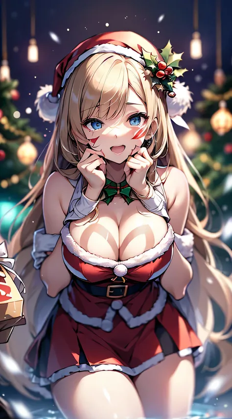 top-quality、Top image quality、​masterpiece、teens girl((Cute Santa Costumes、santa style short skirt、santa style tank top、sixteen years old、 Ager、Best Bust、big bast,wide open breasts、Beautiful light blue eyerest, a blond、A slender,Large valleys、Reflecting th...