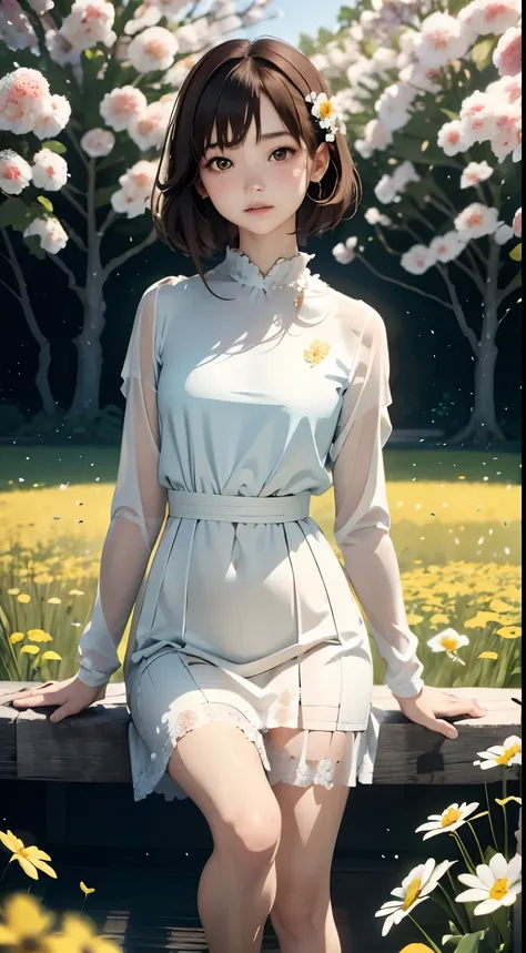 Photorealistic, High resolution, Soft light,1womanl, １６years old、、Japanese、Solo, hips up high, glistning skin, (Detailed face),Jewelry, Brown hair, short-cut、white dress flower field,(Dynamic Angle:1.1),Vivid,Soft and warm color palette, Delicate brushwork...