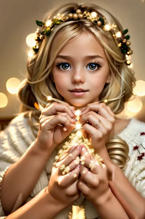 blonde girl put her hands together in Christmas prayer, fundo de estilo de natal, (luzes de corda:0.4)