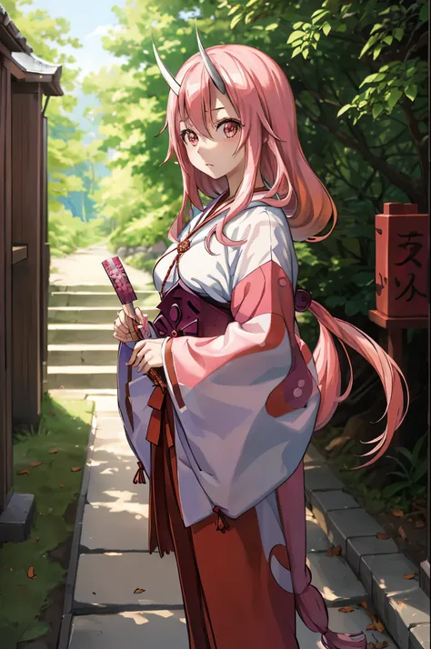 masterpiece, best quality, shuna (tensura), 1girl, solo, long hair, pink hair, oni horns, hair between eyes, kimono, hakama, fan...