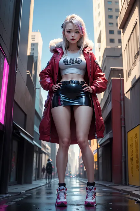 (RAW photos, Best quality, tmasterpiece:1.2), (actual, photo-actual:1.4),(tmasterpiece:1.4),(Best quality:1.4), ((cyber punk Girl)), ,Short white shirt，Open hooded fur-trimmed down jacket，Red miniskirt，((dynamicposes)), (((Cyberpunk city street background)...