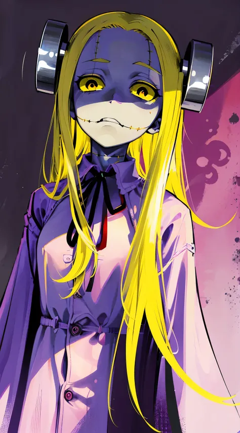 Madaraki_Fran,A  girl ,stands,awkward,the madhatter ,surgeon ,wrinkles,concerned,((Points Forward)), hairlong , yellow hair,seams , Scars on the body , A creepy look , scary eyes , An intimidating look , creepy smile , bags under eyes, ((((Tired))))