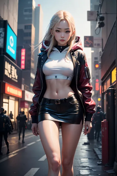 (RAW photos, Best quality, tmasterpiece:1.2), (actual, photo-actual:1.4),(tmasterpiece:1.4),(Best quality:1.4), ((cyber punk Girl)), ,Short white shirt，Open hooded fur-trimmed down jacket，Red miniskirt，((dynamicposes)), (((Cyberpunk city street background)...