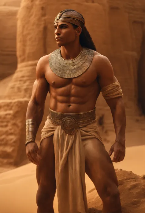 (a muscular sweat-drenched ancient Egyptian slave covered in sand, Israeli slave, illustrations, finest quality, ultra-detailed, realistic, portraits, warm tones, soft lighting)