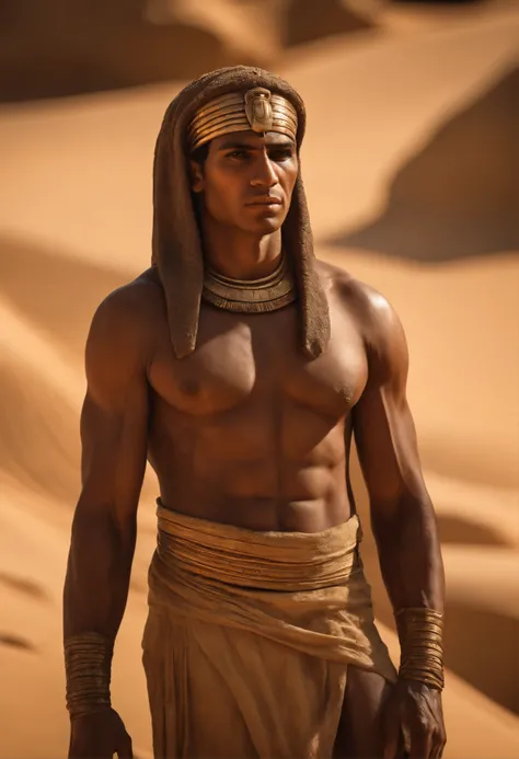 (a muscular sweat-drenched ancient Egyptian slave covered in sand, Israeli slave, illustrations, finest quality, ultra-detailed, realistic, portraits, warm tones, soft lighting)