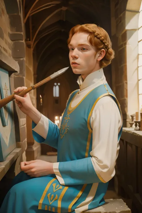 1141, Kingsbridge, England. otherworldly scene in a medieval monastery, ((((17-year-old)) Cameron Monaghan)))) chiselling a stone, ((concentrated expression)), ((((tunic from the 12th century)))), ((Hairstyle of the 12th century)), ((Wes Anderson cinematic...