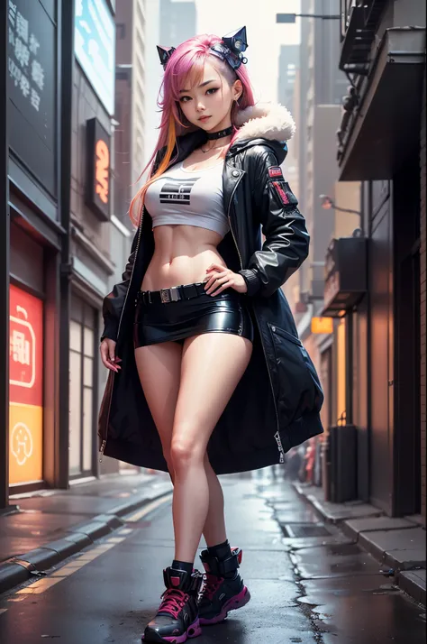 (RAW photos, Best quality, tmasterpiece:1.2), (actual, photo-actual:1.4),(tmasterpiece:1.4),(Best quality:1.4), ((cyber punk Girl)), ,Short white shirt，Open hooded fur-trimmed down jacket，Red miniskirt，((dynamicposes)), (((Cyberpunk city street background)...